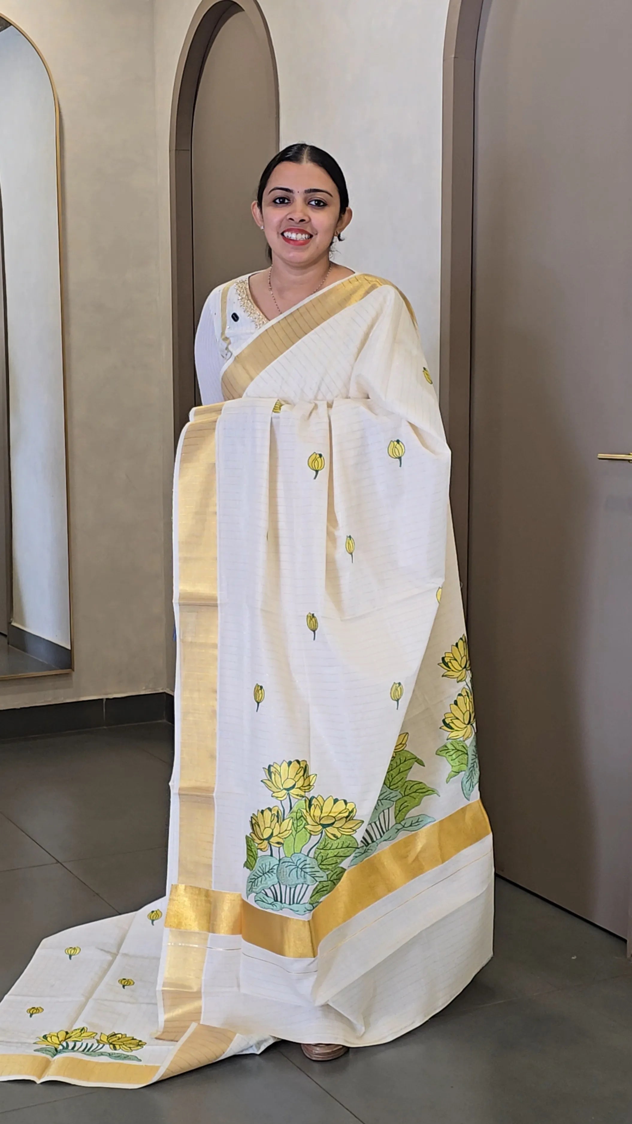 Premium Kerala Cream Onam Saree - SC 10614