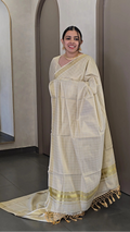 Kerala Cream Tissue Check Saree - SC 10458